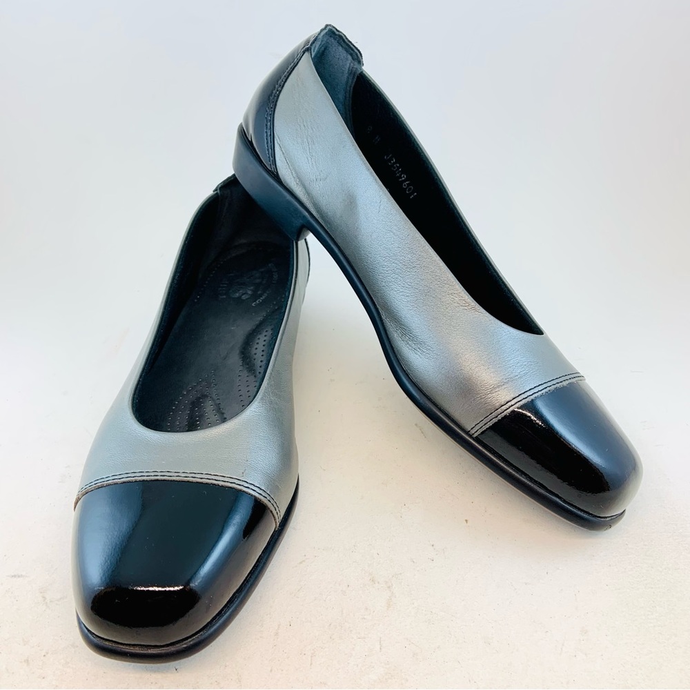 SAS Silver Gray Coco Black Patent Toe Two Tone Slip On Loafers 8 NARROW